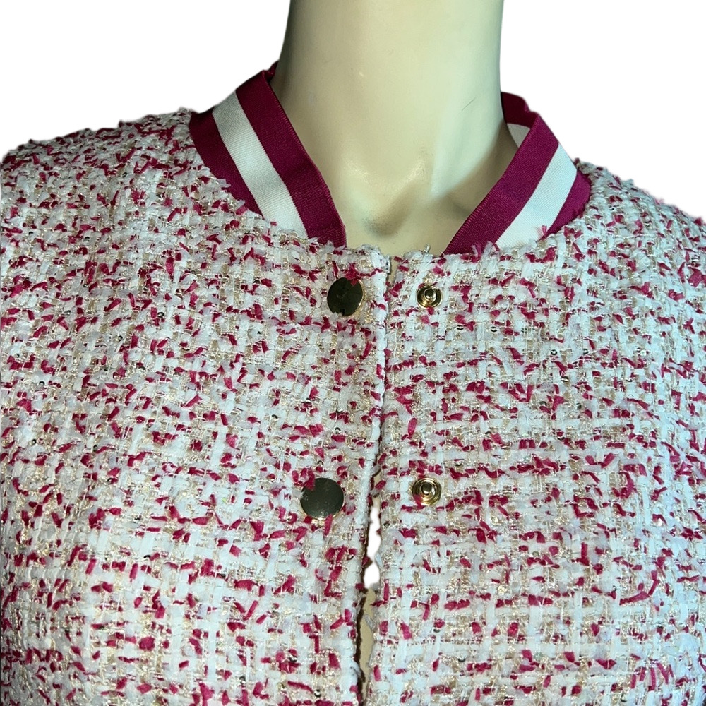 ALICE + OLIVIA Keri Varsity Bouclé-Tweed Bomber Jacket. Size Large. - Picture 8 of 12